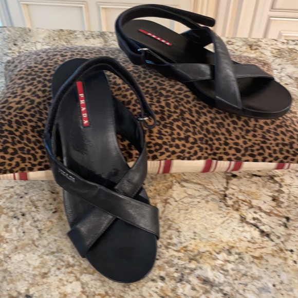 Prada  Velcro Fastening Black Criss Cross leather sandals - Picture 2 of 8